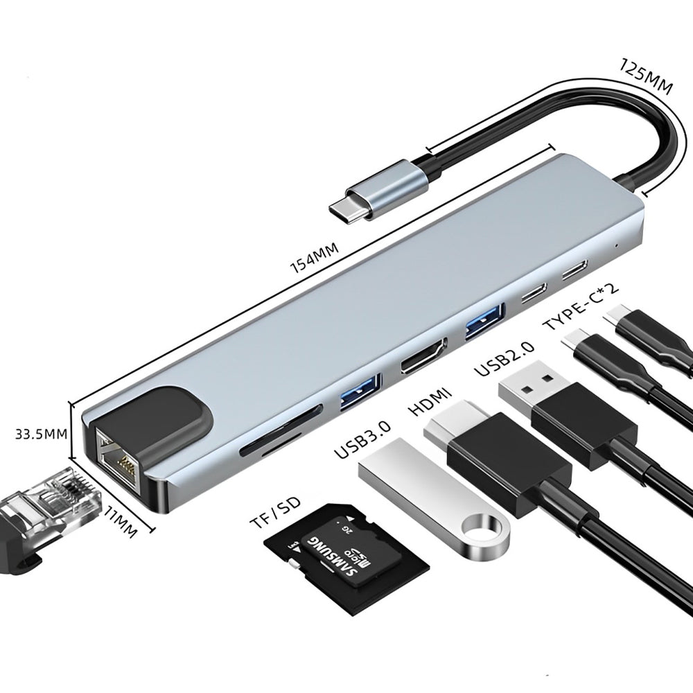 Glassology 8 in 1 USB C Hub (2 USB 3.0 SD & TF PD 1000Mbps Cable VGA & HDMI) Grey
