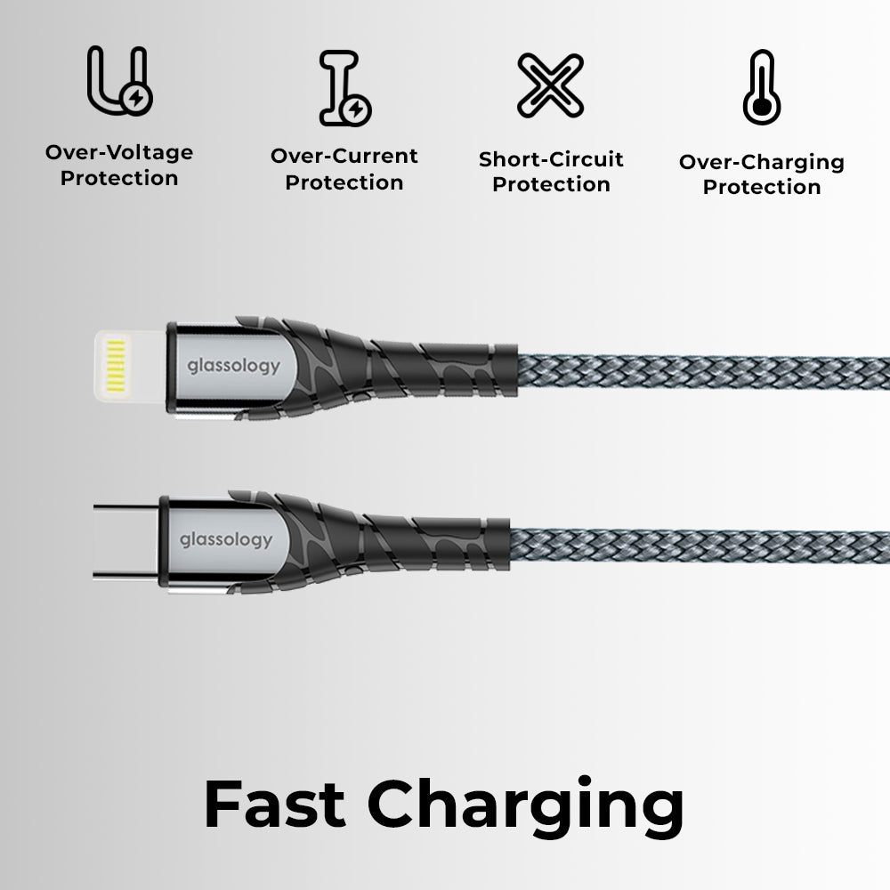Glassology Type C To Lightning MFI Certified 30W Fast Charging Nylon Braided USB Cable C Cable For iPhone 14,14 Pro,14 Pro Max, iPhone 13 Series,12,12 Pro,11,11 Pro Max iPhone 12 Mini, X, 8 (1M)