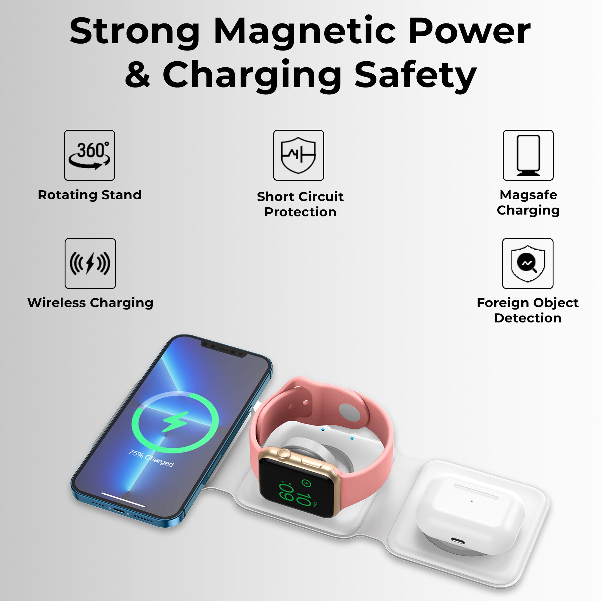 Glassology 3 in 1 MagSafe Magnetic Foldable Wireless Charger for iPhone 16 to 12 Series | Compatible with AirPods 2/3/Pro | Compatible with only Apple Watch Series | 23W Charging | Wireless Charger - Pearl White