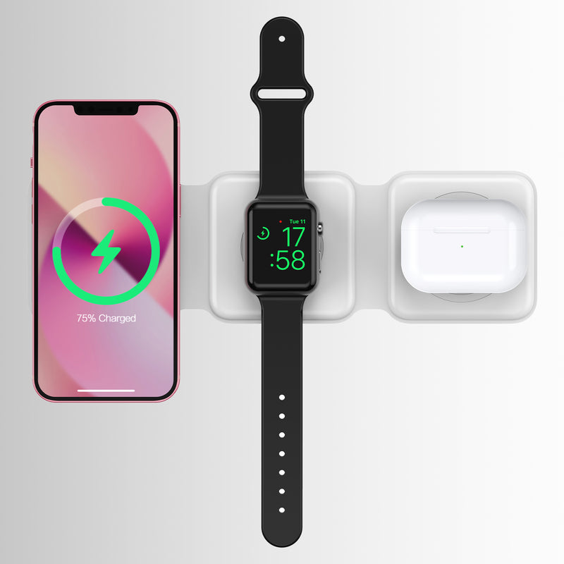 Glassology 3 in 1 MagSafe Magnetic Foldable Wireless Charger for iPhone 17 to 12 Series | Compatible with AirPods 2/3/Pro | Compatible with only Apple Watch Series | 23W Charging | Wireless Charger - Pearl White