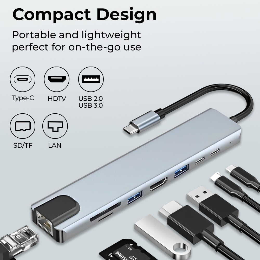Glassology 8 in 1 USB C Hub (2 USB 3.0 SD & TF PD 1000Mbps Cable VGA & HDMI) Grey