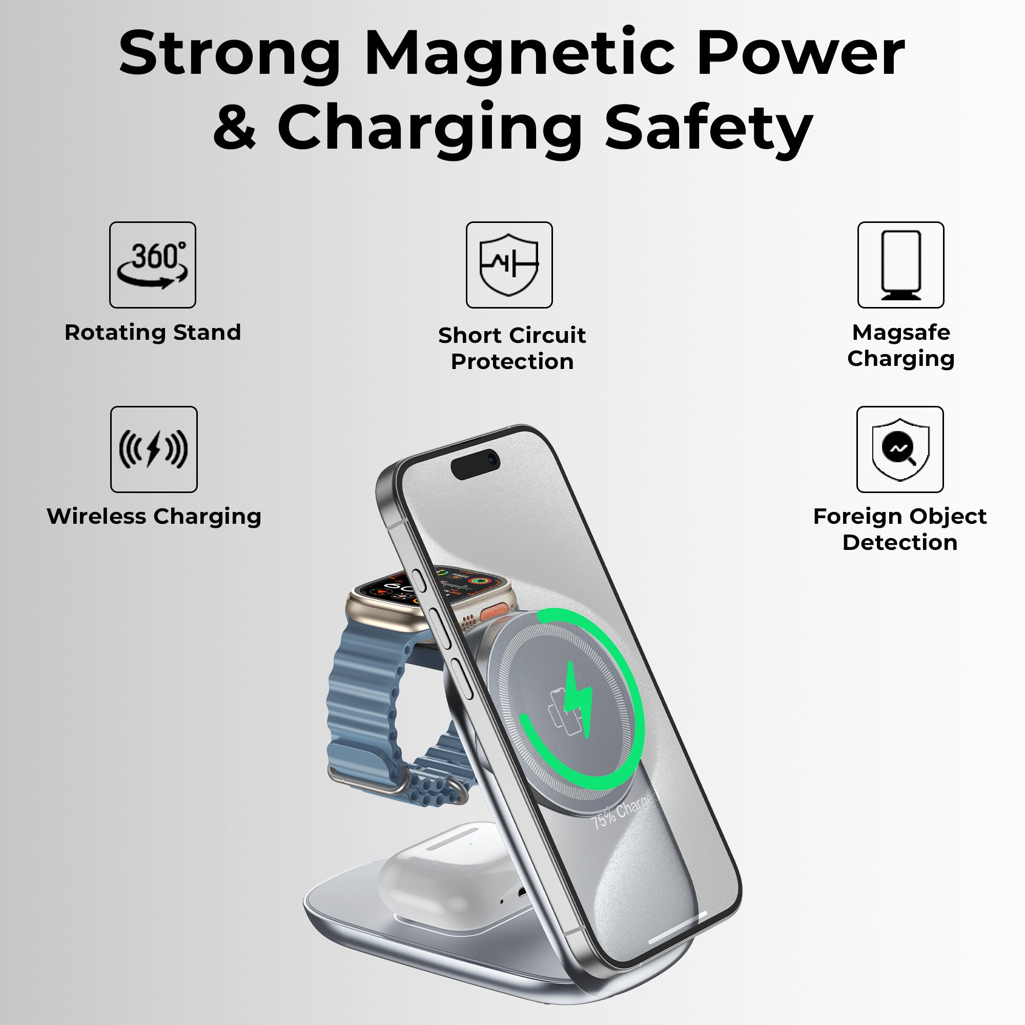 Glassology magsafe 3 in 1 22.5W Wireless Charger Compatible with iPhone 17/17 Air/ 17 Pro/ 17 Pro Max 16 Pro/16 Pro Max,16/15/14/13/12, Airbuds 3rd/2nd gen, for Apple Watch, Sleak Wireless Charger