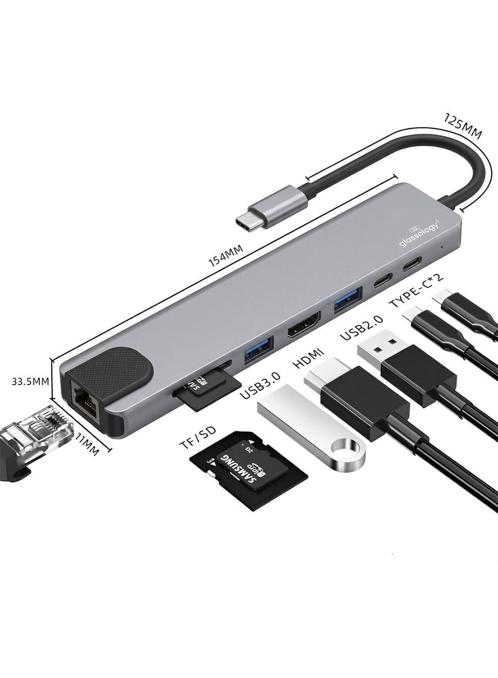 Glassology 8 in 1 USB C Hub (2 USB 3.0 SD & TF PD 1000Mbps Cable VGA & HDMI) Grey